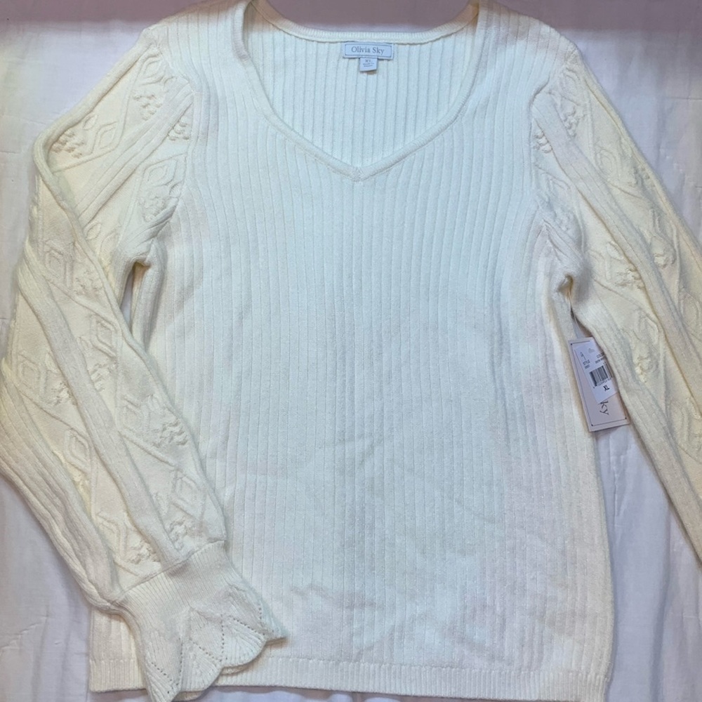 Coquette Preppy Cottagecore Ivory V-Neck Ribbed Knit Sweater NWT
